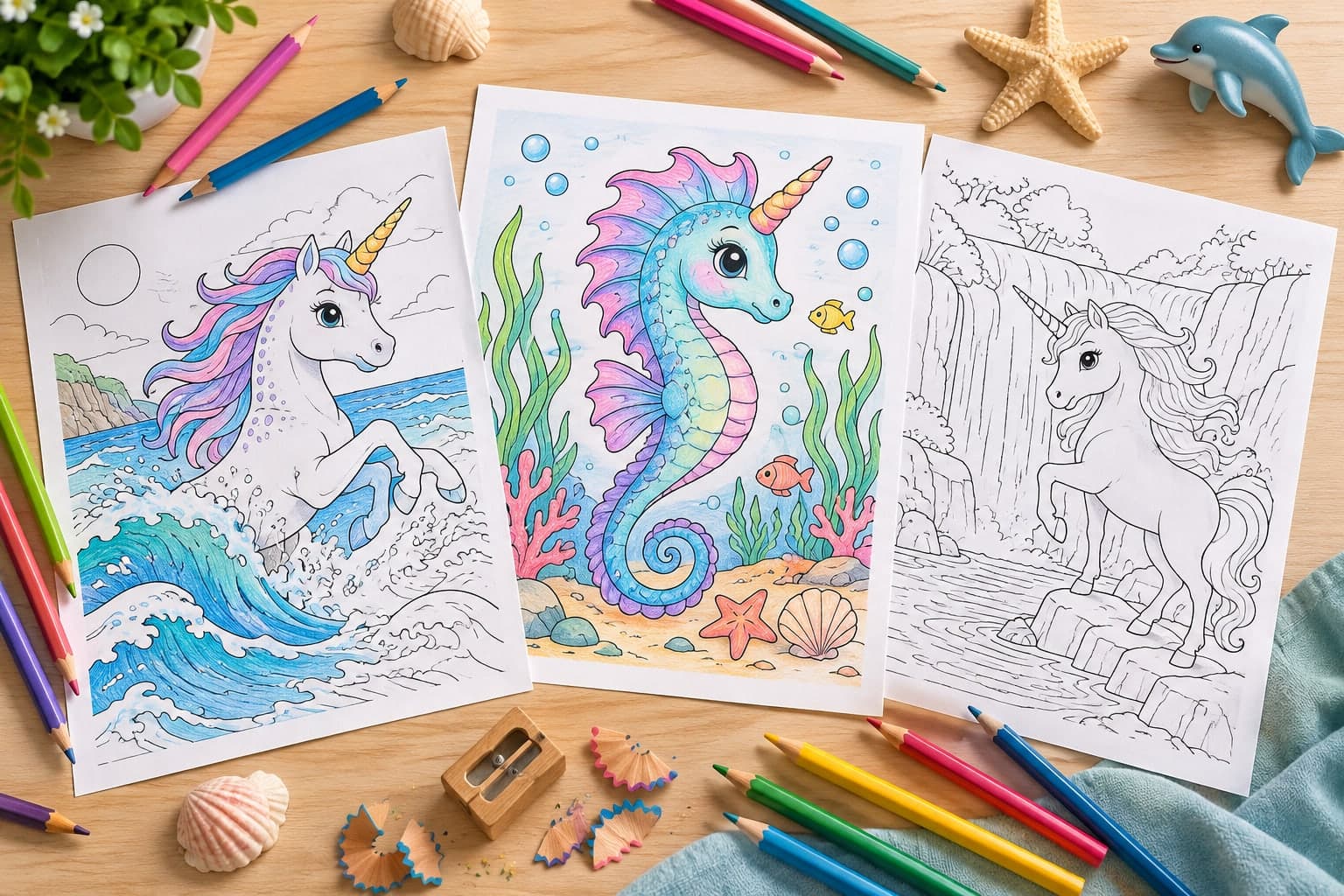 Titelbild: Wasser-Einhorn: Ausmalbilder mit Wellen und Seepferdchen