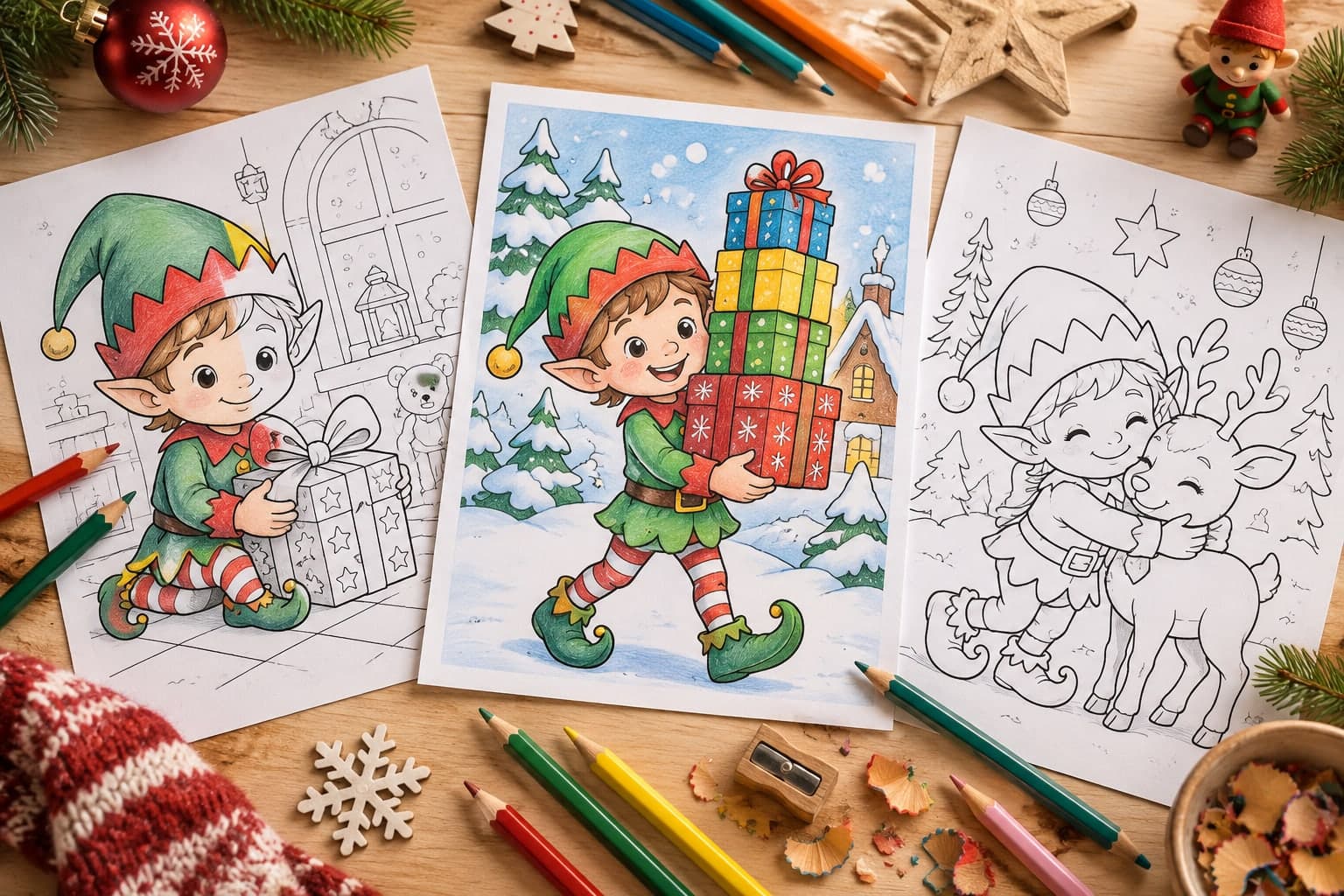 Titelbild: Ausmalbilder mit Weihnachtselfen – Kreative Malvorlagen für die Weihnachts-Feiertage
