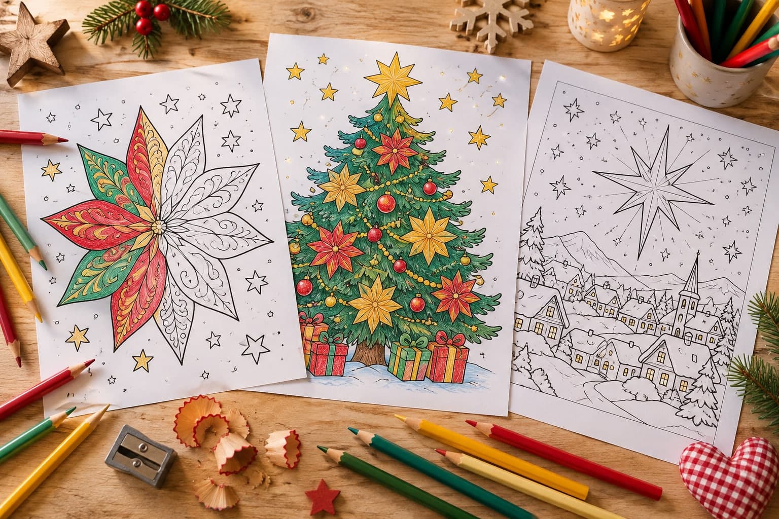 Titelbild: Weihnachtssterne Ausmalbilder kostenlos ausdrucken