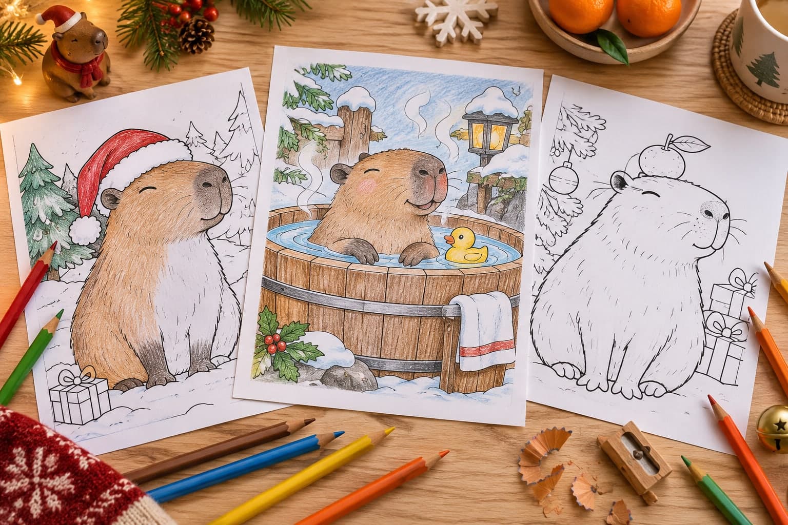 Titelbild: Capybara an Weihnachten: entspannte Ausmalbilder