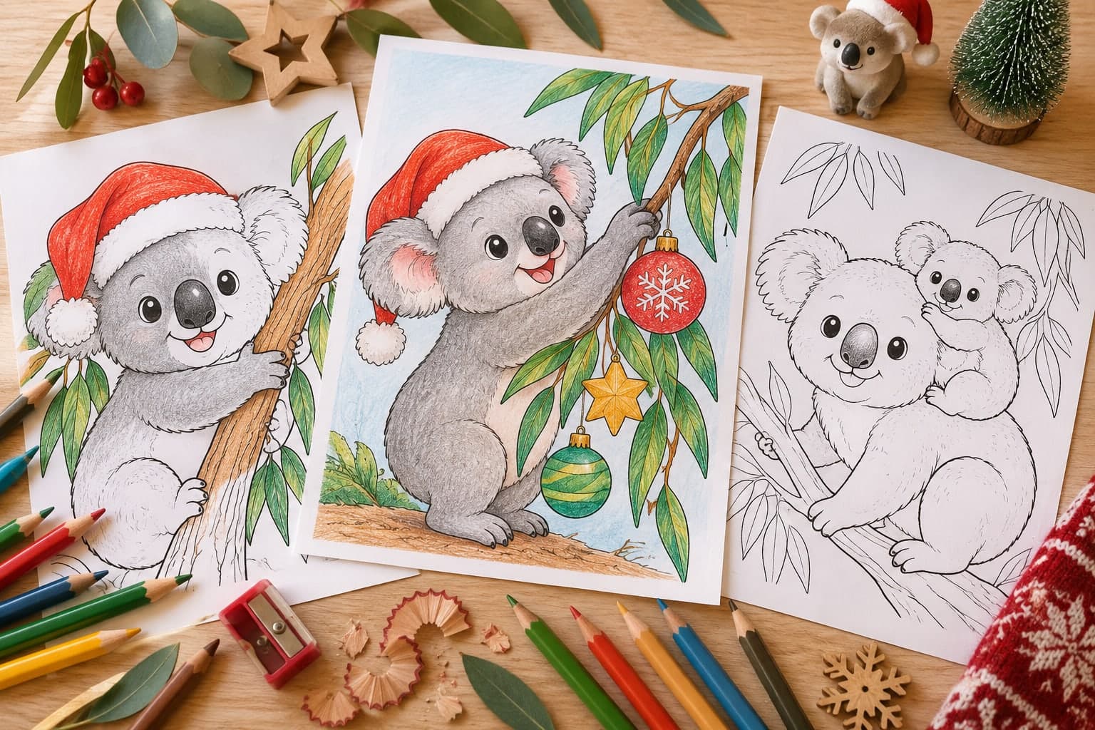 Titelbild: Koala an Weihnachten: Ausmalbilder mit Eukalyptus