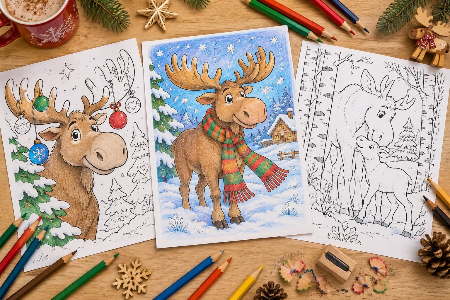 Titelbild: Elch an Weihnachten: Ausmalbilder mit Schaufelgeweih