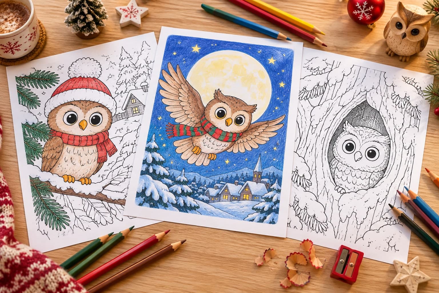 Titelbild: Eule an Weihnachten: Ausmalbilder mit Mütze und Mond