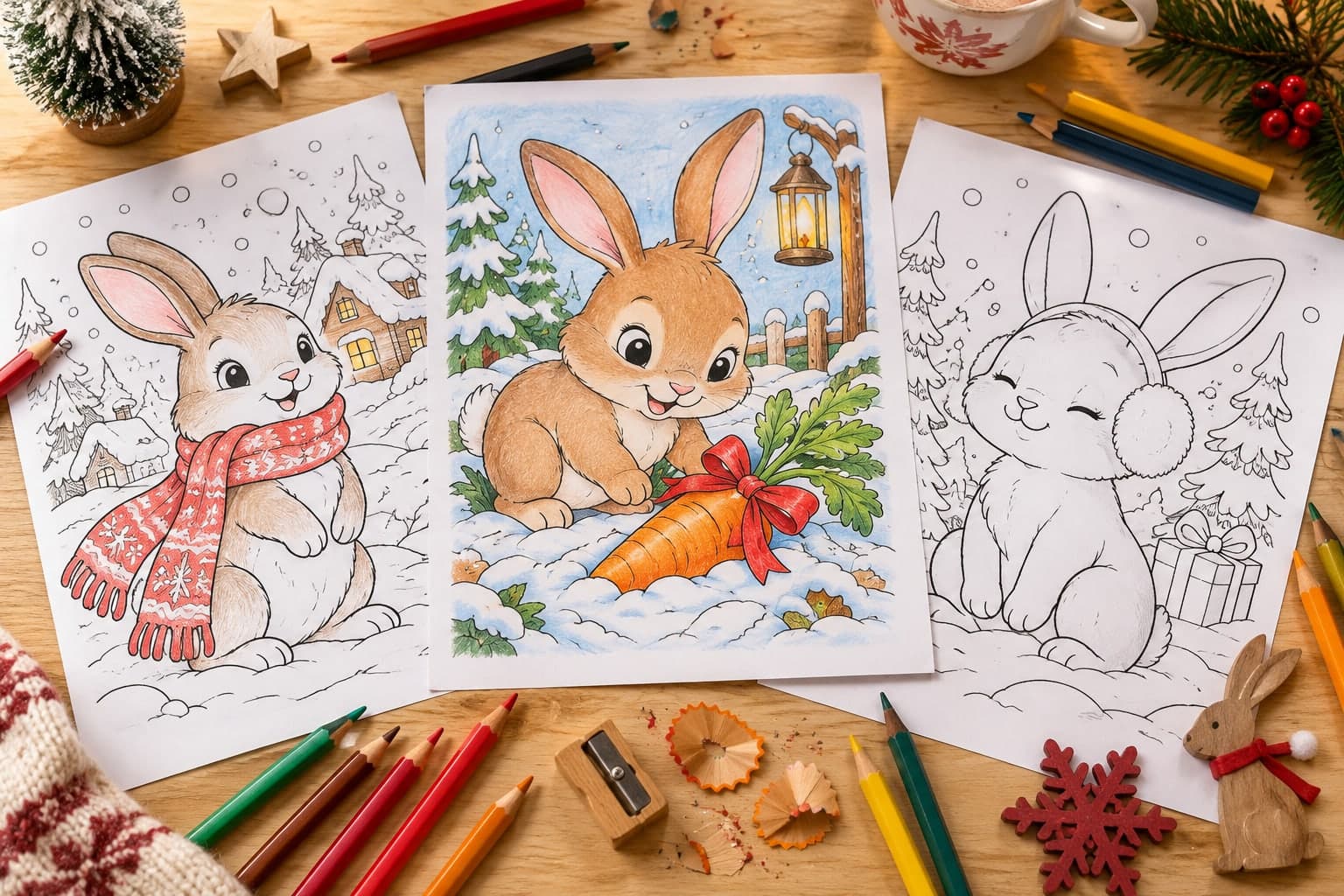 Titelbild: Hase an Weihnachten: Ausmalbilder mit Schnee und Schal