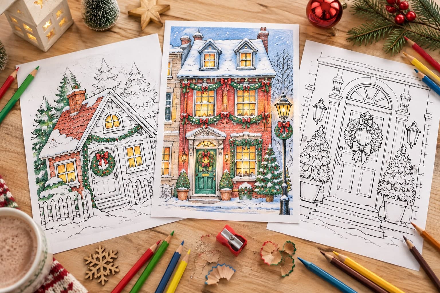 Titelbild: Weihnachtshaus Ausmalbilder mit festlichem Schmuck