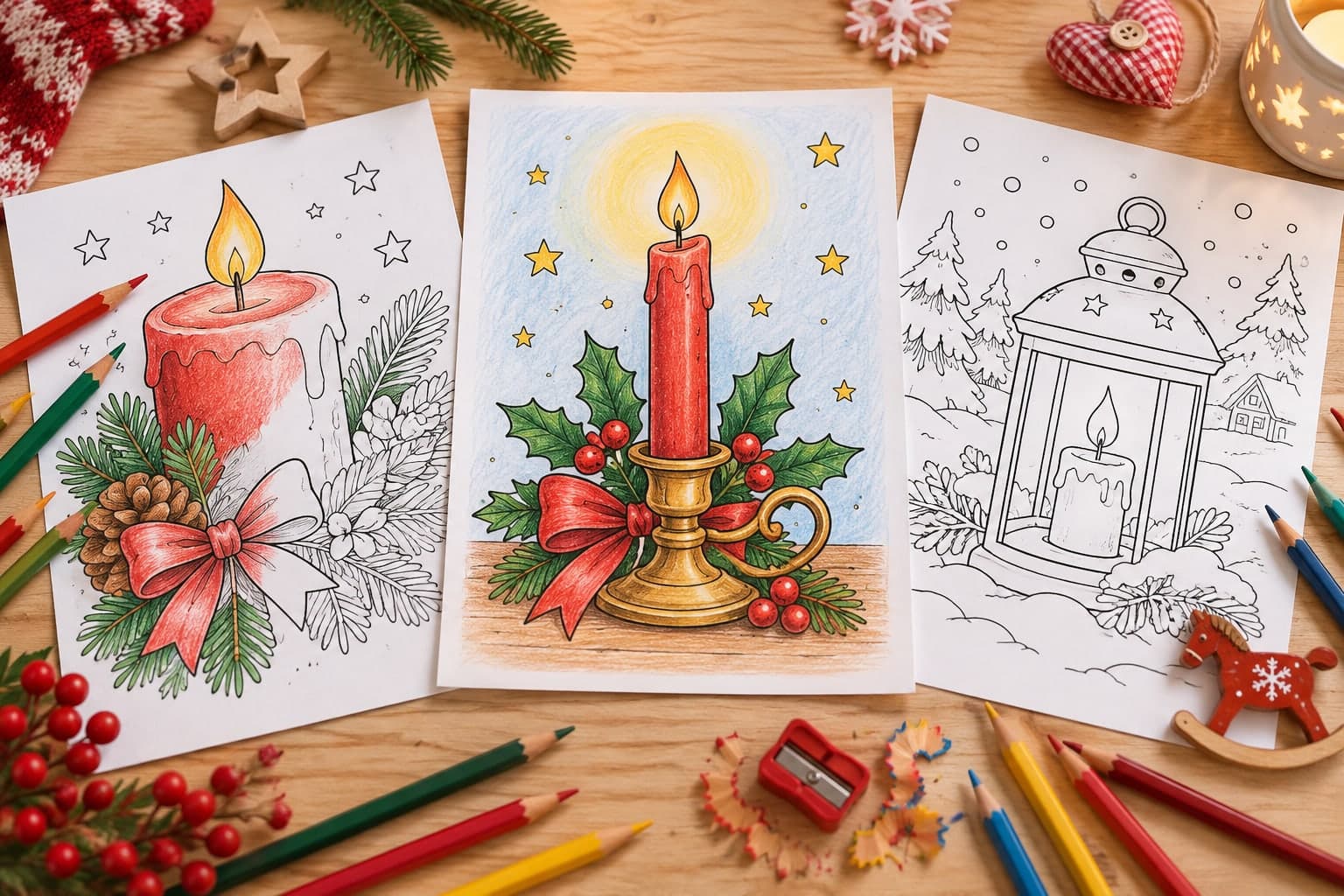 Titelbild: Weihnachtskerze: Ausmalbilder mit Flamme und Tannengrün