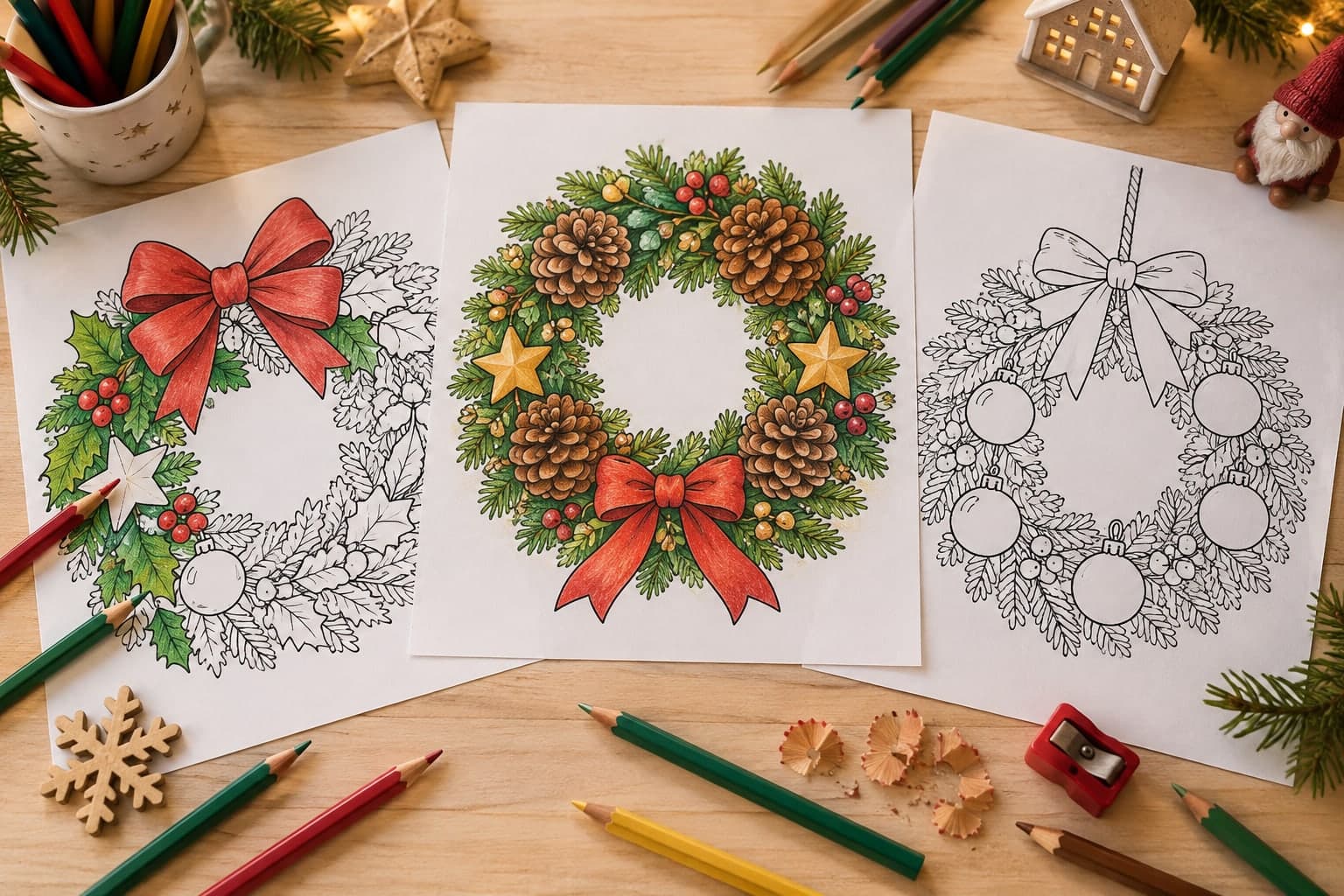 Titelbild: Weihnachtskranz Ausmalbilder als festlicher Türschmuck