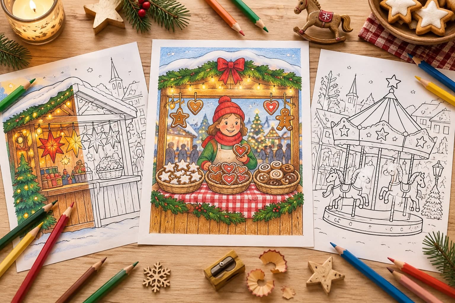 Titelbild: Weihnachtsmarkt Ausmalbilder mit Buden und Lichtern