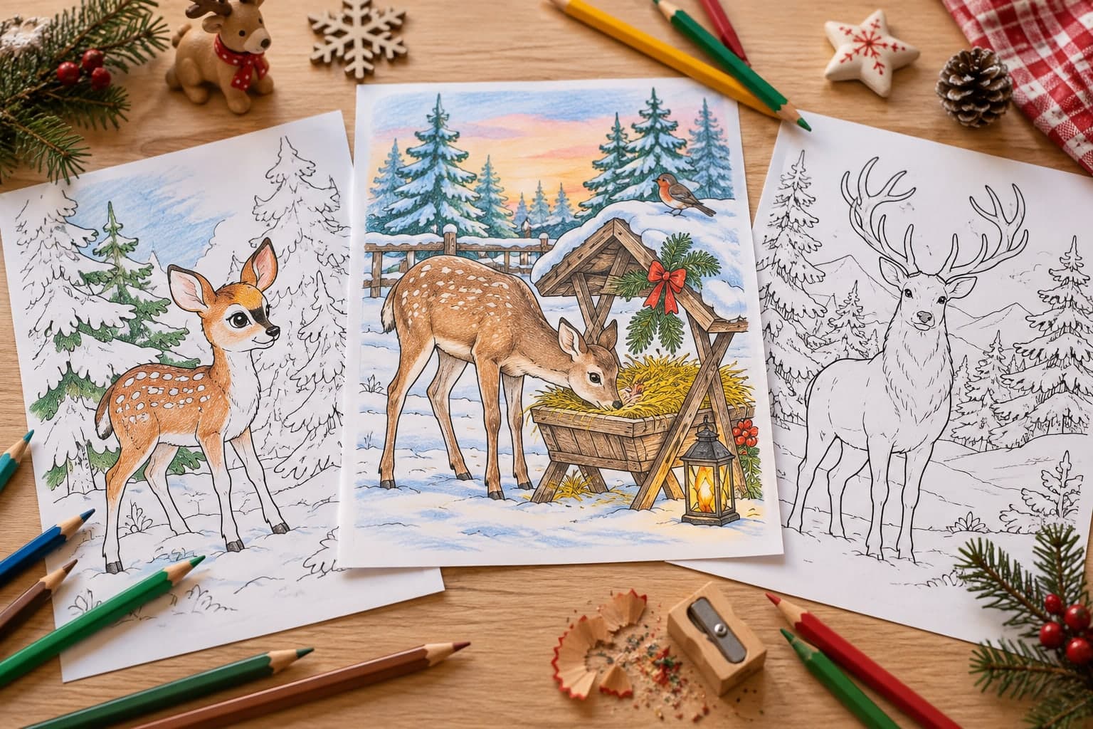 Titelbild: Reh an Weihnachten: Ausmalbilder aus dem Winterwald