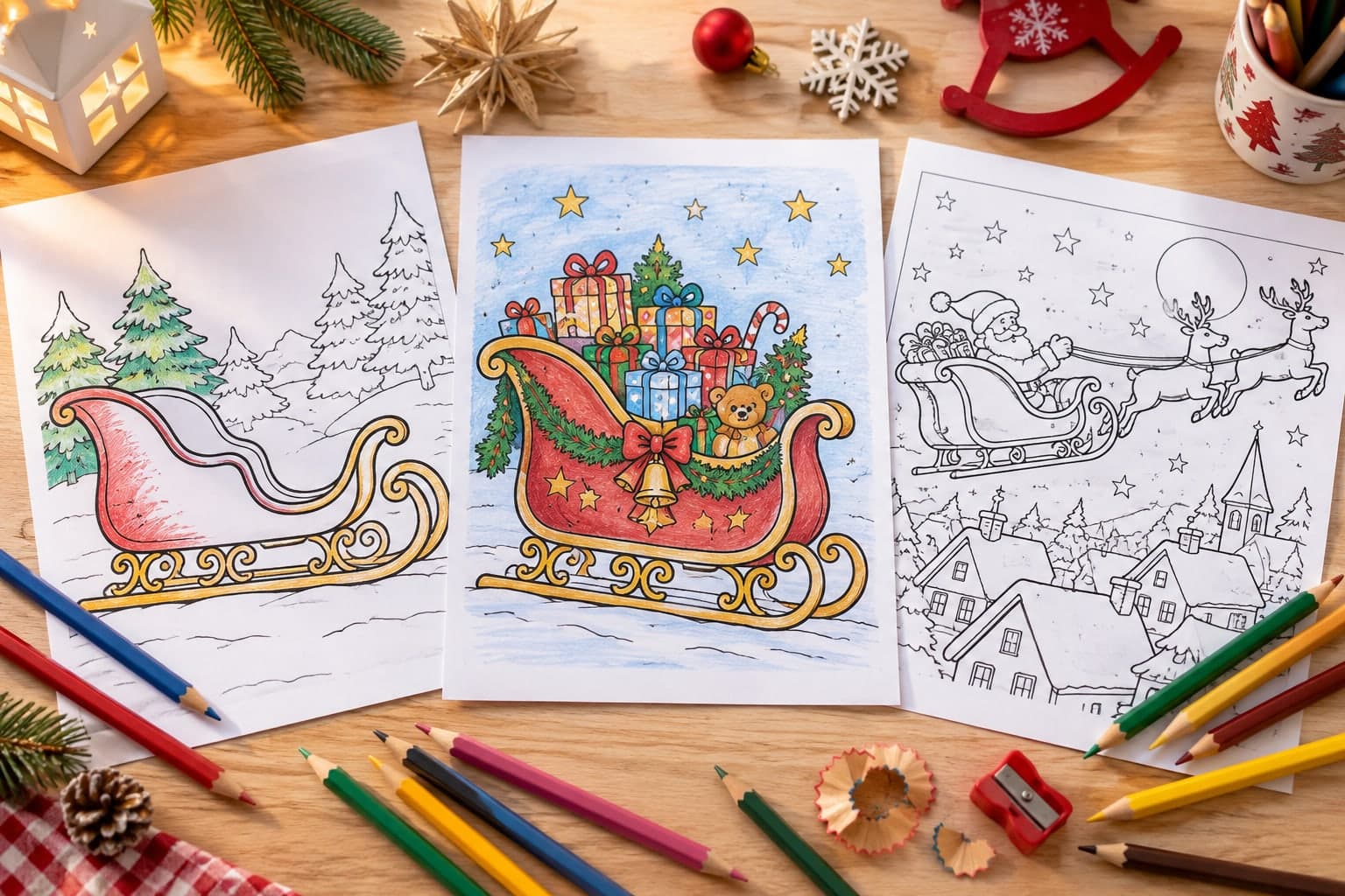 Titelbild: Weihnachtsschlitten: Ausmalbilder mit Geschenken