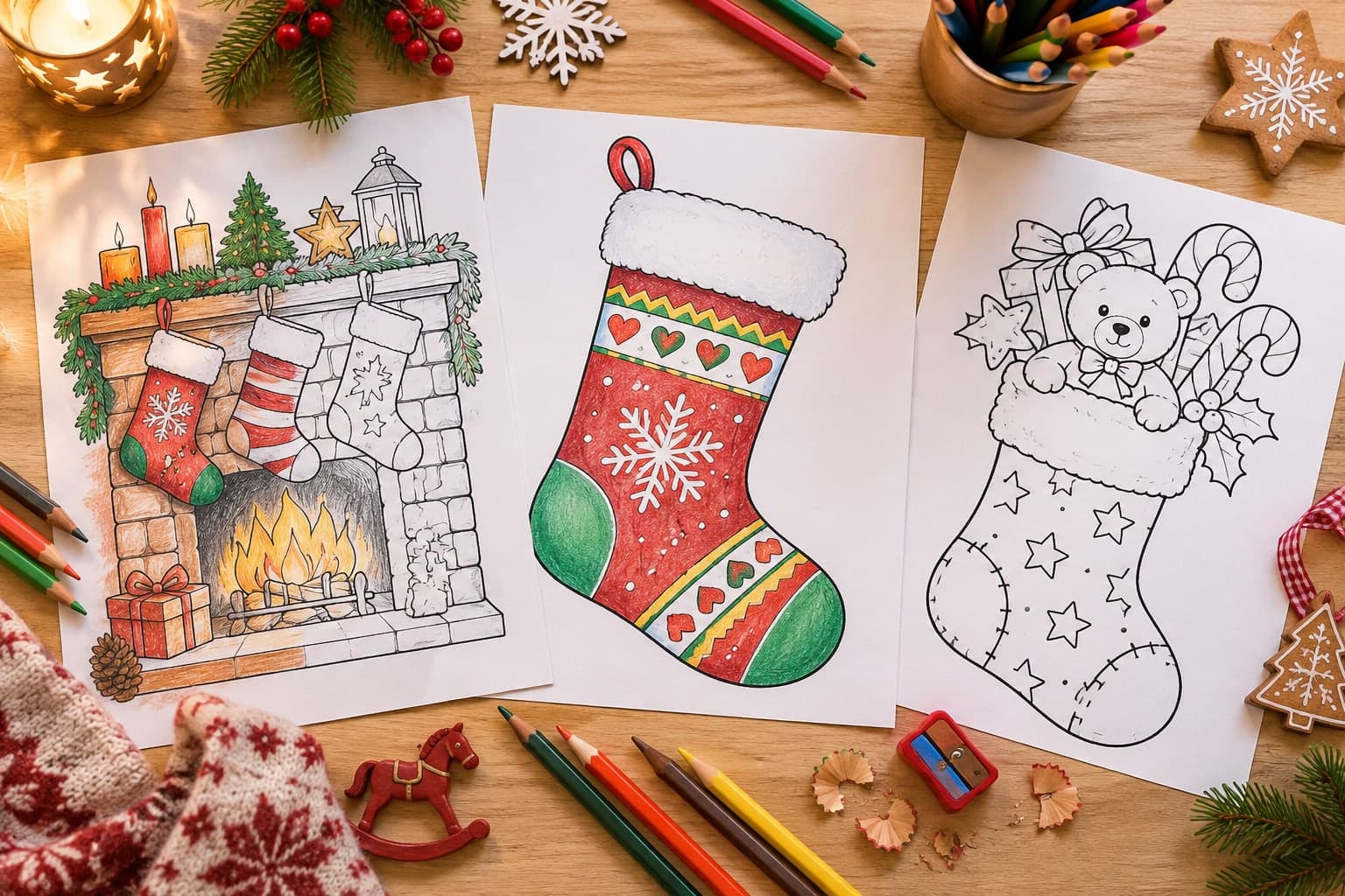 Titelbild: Weihnachtsstrumpf und Kamin: Ausmalbilder zum Fest