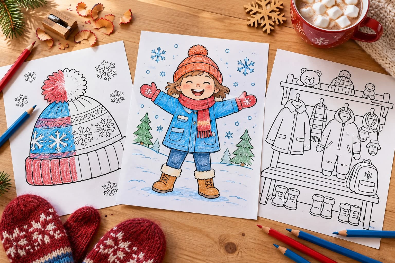 Titelbild: Winterkleidung: Ausmalbilder mit Mütze, Schal und Stiefeln