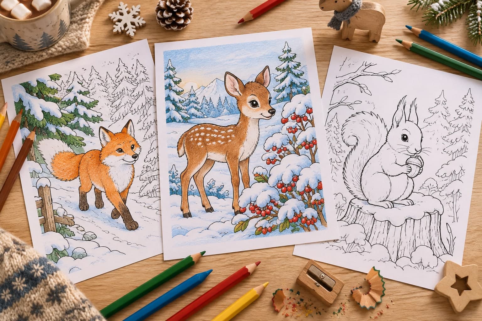 Titelbild: Tiere im Winter Ausmalbilder mit Wald und Schnee