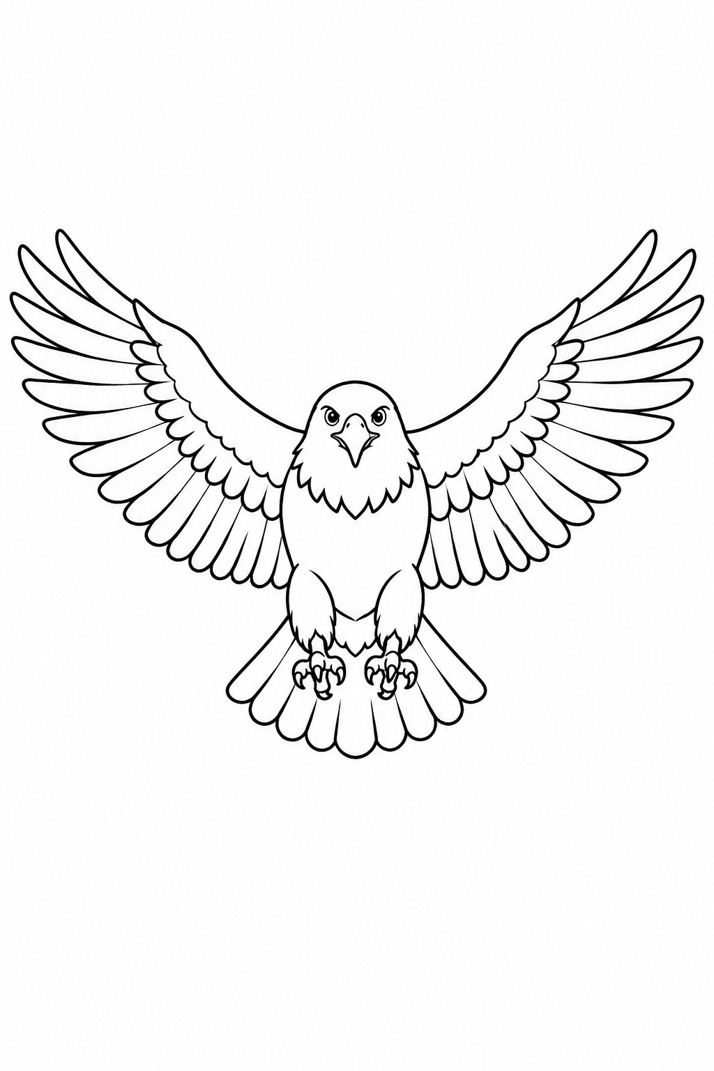 Adler Ausmalbild: ein Adler fliegt mit vollständig ausgebreiteten, symmetrischen Flügeln von vorn über einer freien Fläche