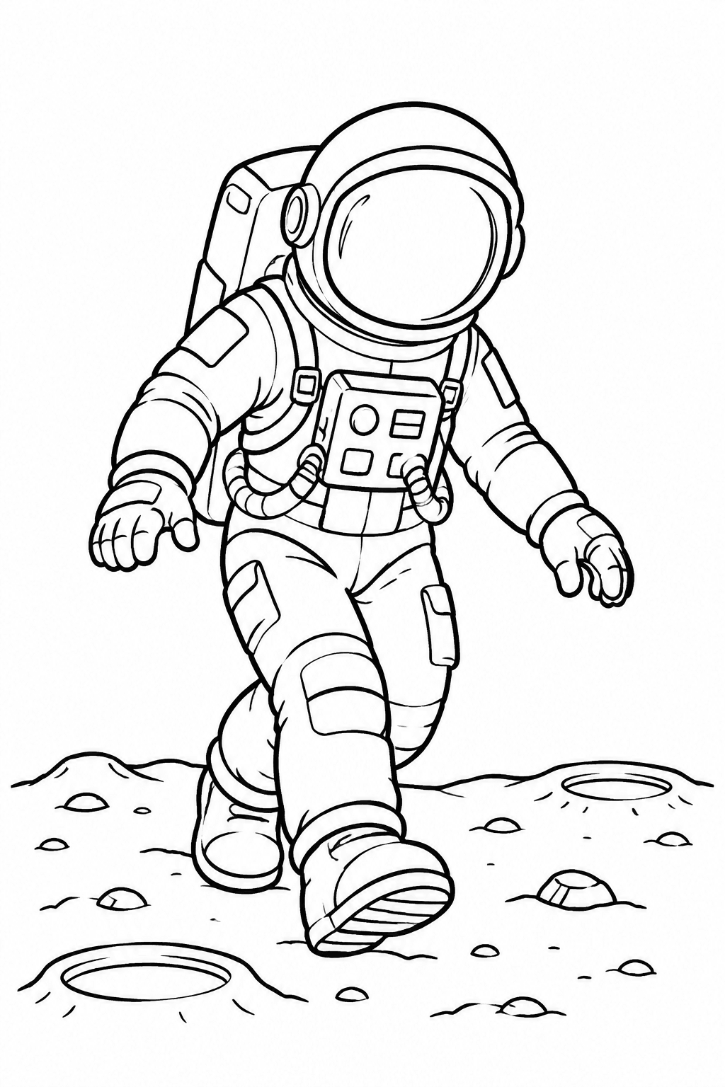 Astronaut Ausmalbild: Astronaut im realistisch aufgebauten Raumanzug macht einen vorsichtigen Schritt auf dem Mond