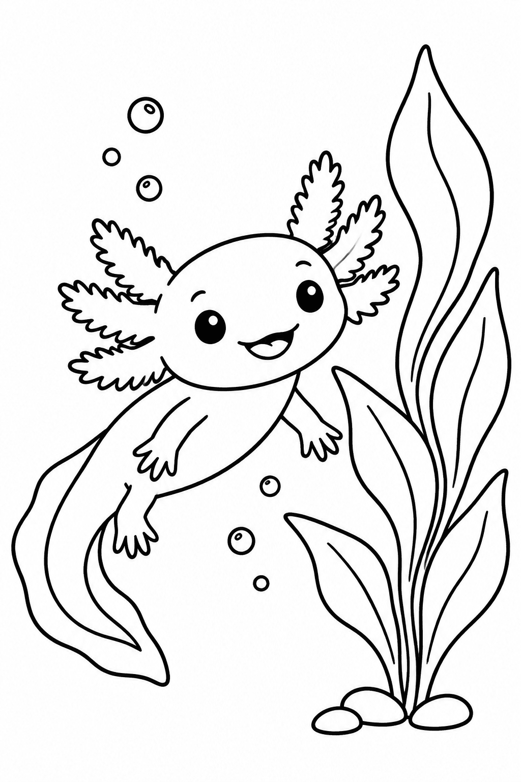Freundlicher Axolotl schwimmt neben einer großen Wasserpflanze – Axolotl Ausmalbilder Ausmalbild