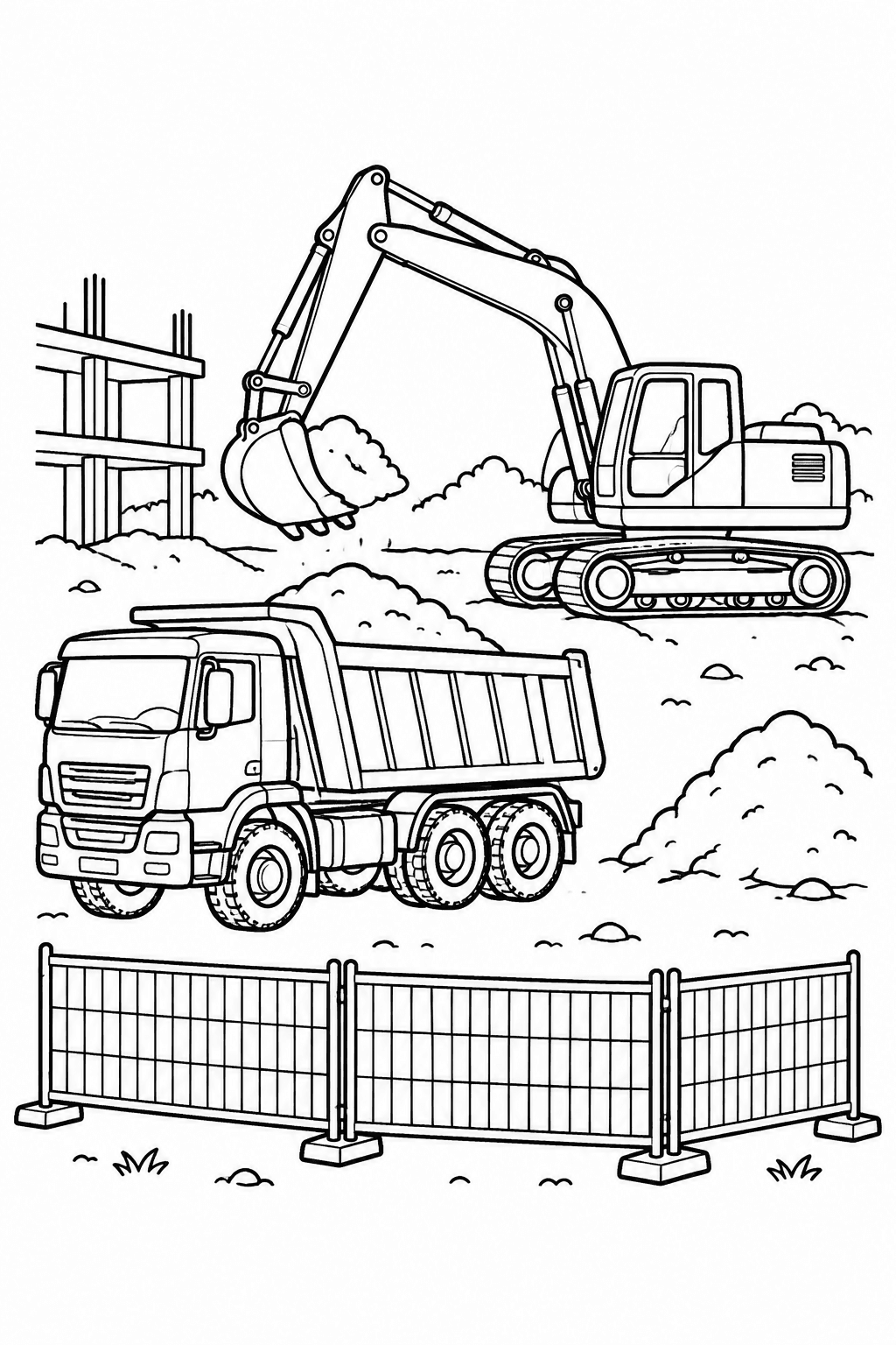 Baustelle mit Bagger und Kipplaster – Ausmalbild