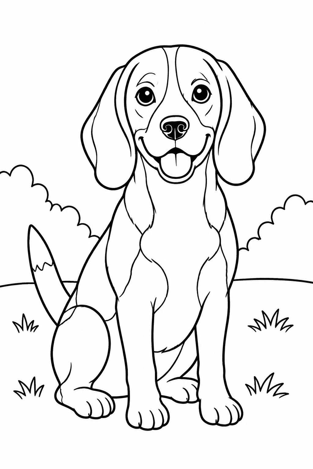 Ein Beagle sitzt mit langen Hängeohren und wachem Blick nach vorn – Beagle Ausmalbild