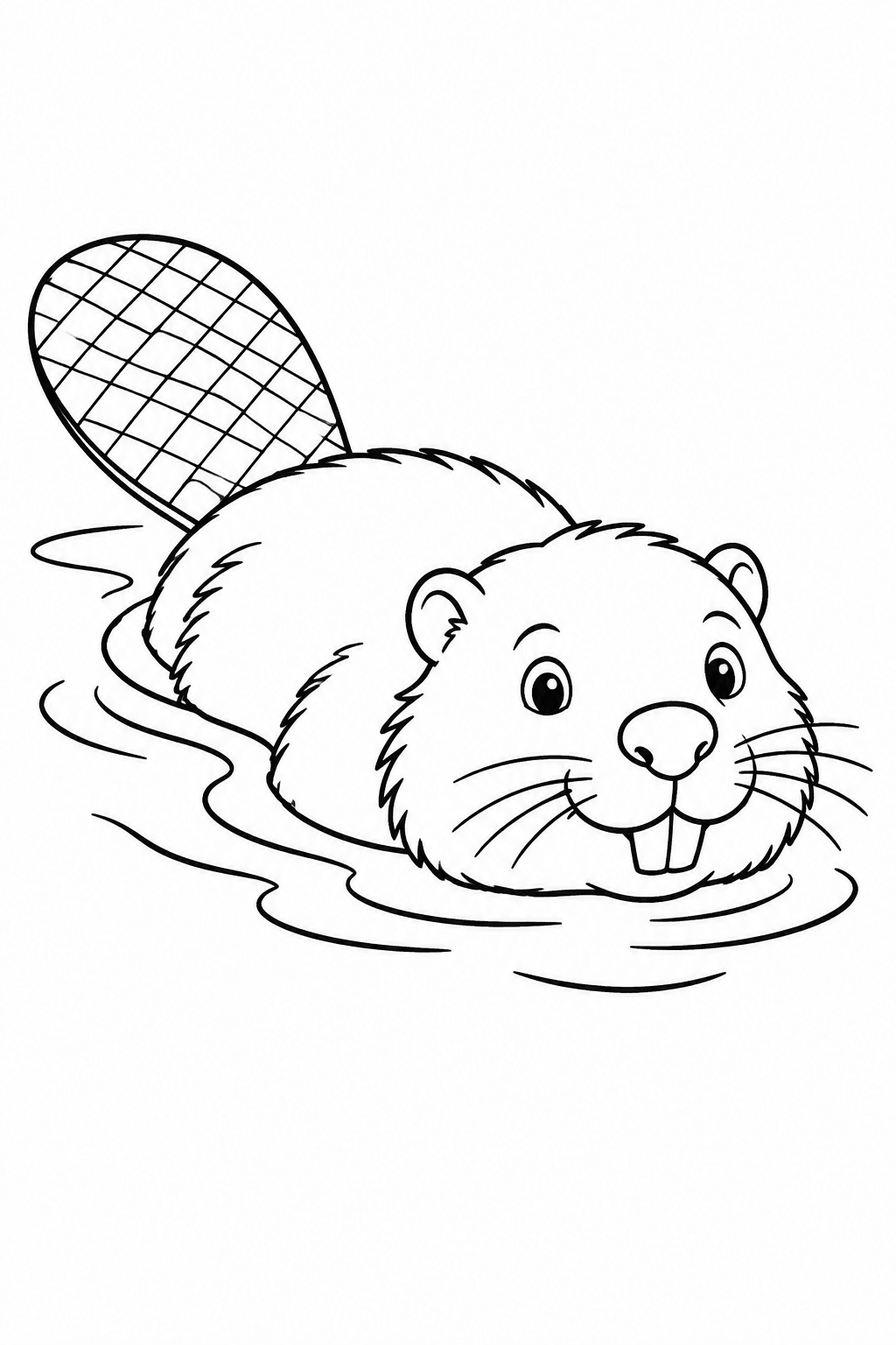Biber Ausmalbild: ein Biber schwimmt mit dem Kopf über der Wasseroberfläche, der breite flache Schwanz ist sichtbar