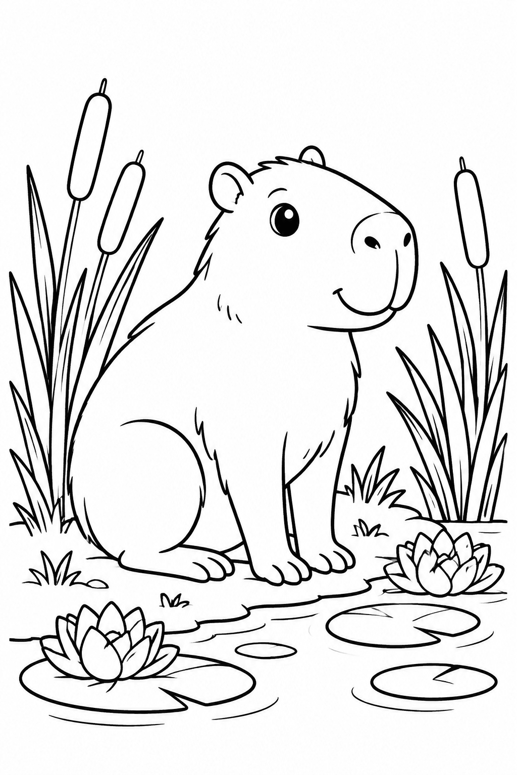 Capybara sitzt am flachen Flussufer zwischen Schilf und Seerosen – Capybara Ausmalbilder Ausmalbild