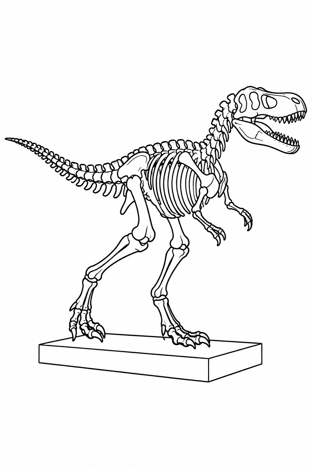 Vollständiges Theropoden-Skelett auf einem Museumssockel