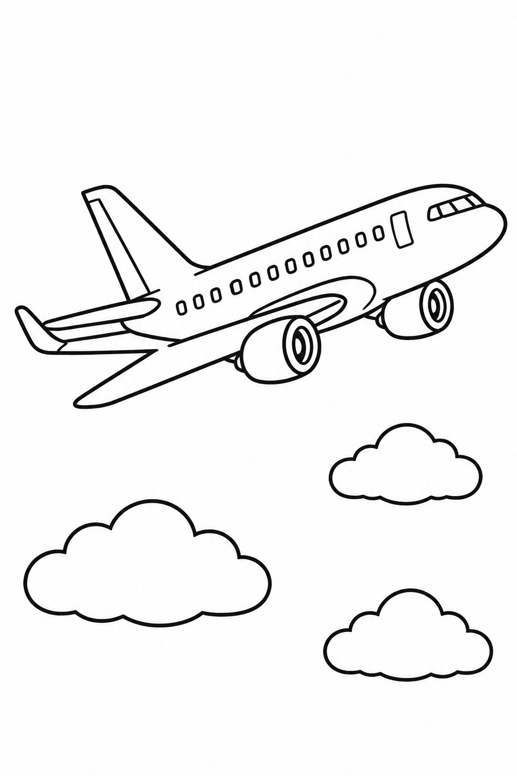 Flugzeug Ausmalbild: Passagierflugzeug fliegt hoch über wenigen Wolken