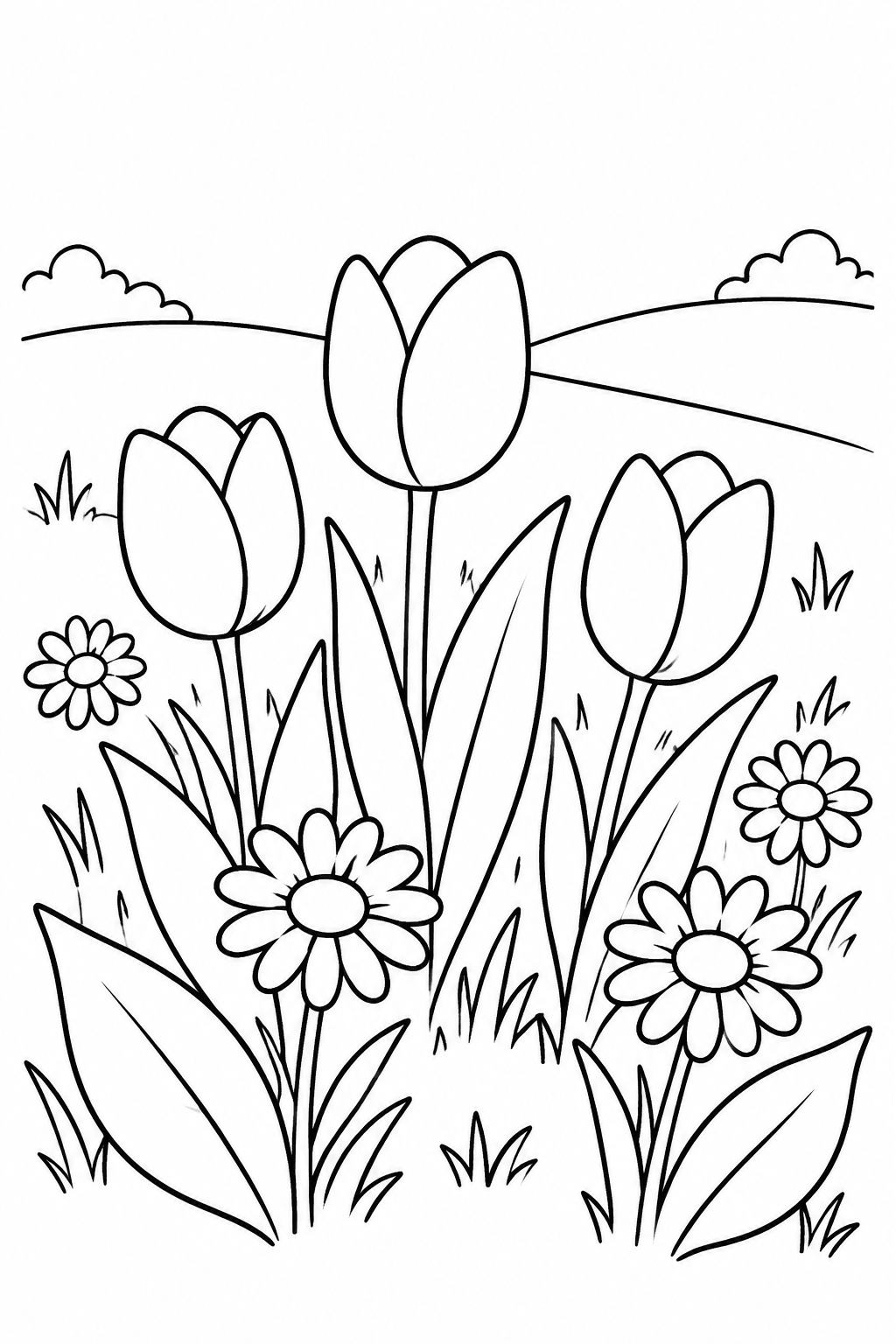 Frühlingswiese mit Tulpen, Gänseblümchen und Blättern – Frühling Ausmalbild