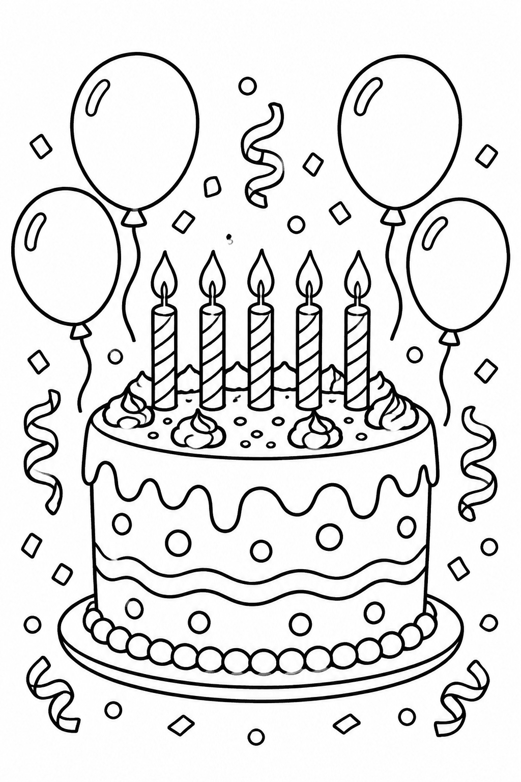 Große Geburtstagstorte mit fünf Kerzen, Konfetti und Luftballons – Geburtstag Ausmalbilder Ausmalbild