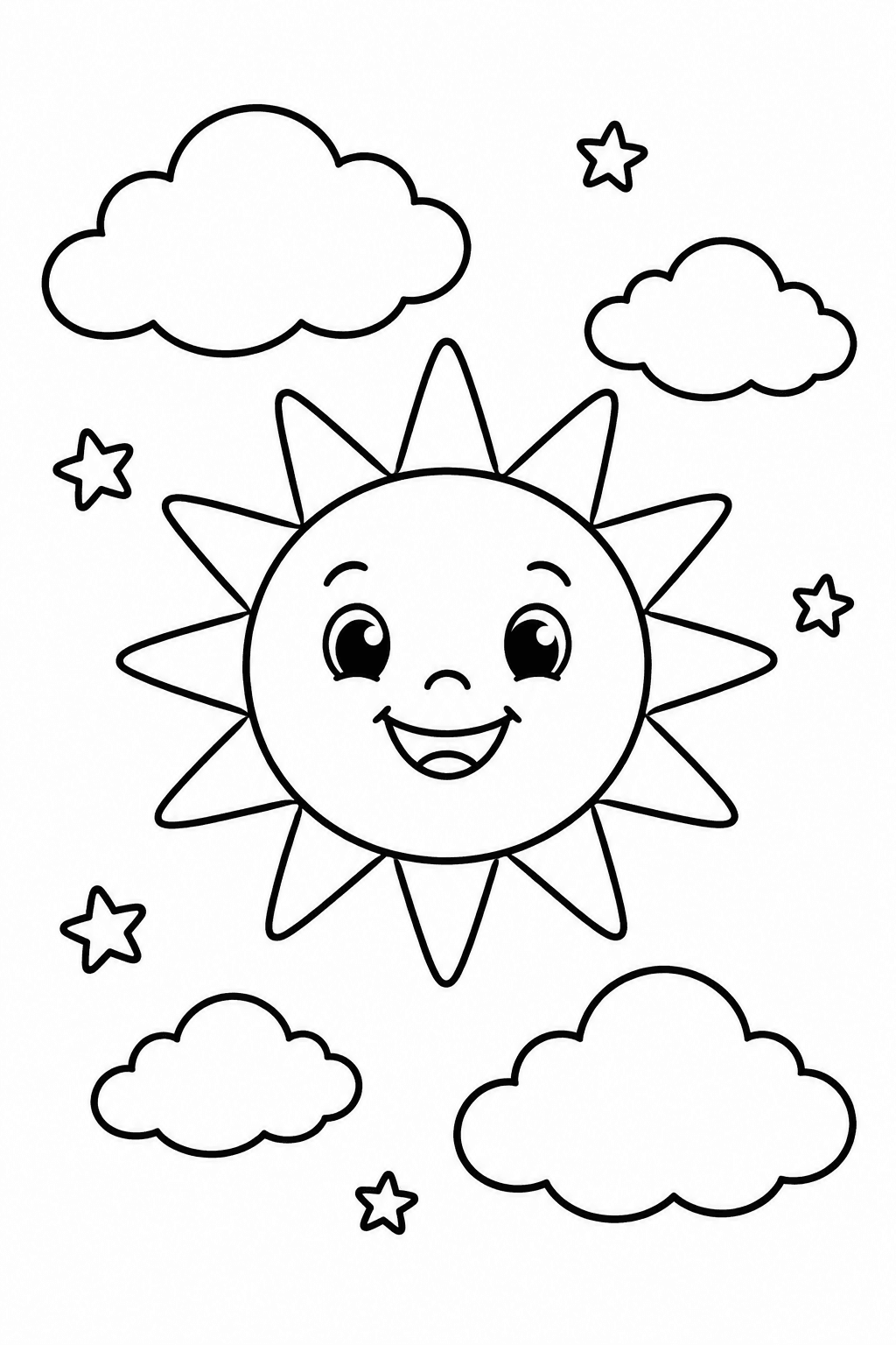 Lächelnde Sonne mit Wolken und kleinen Sternen – Kawaii Ausmalbilder Ausmalbild