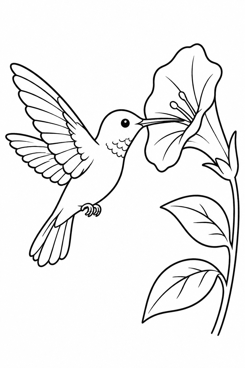Kolibri Ausmalbild: ein Kolibri schwebt seitlich vor einer großen trichterförmigen Blüte, Schnabel berührt die Blüte
