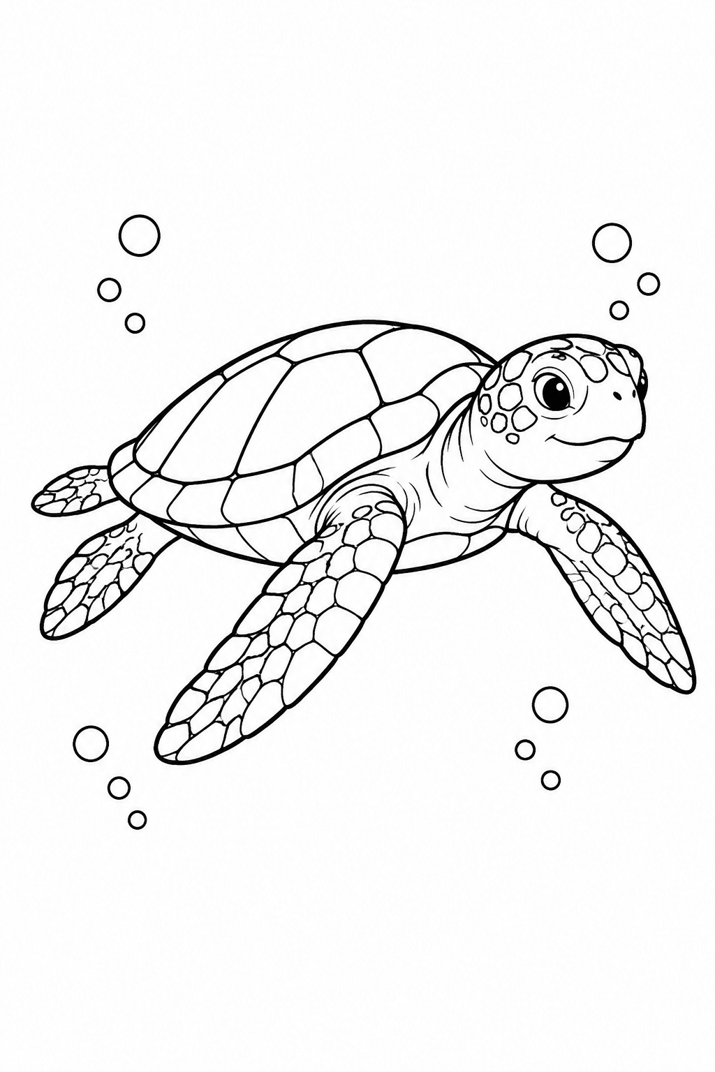 Meeresschildkröte Ausmalbild: Meeresschildkröte schwimmt mit ausgestreckten Flossen ruhig durch klares Wasser
