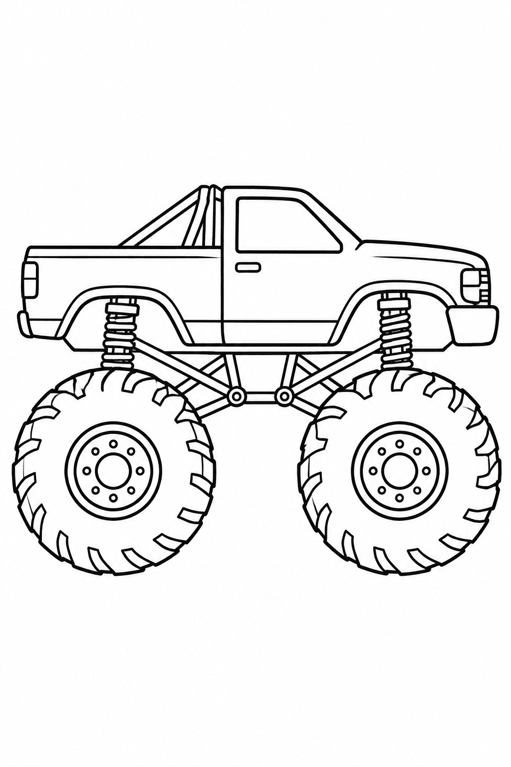 Monstertruck mit großen Reifen in Seitenansicht – Ausmalbild