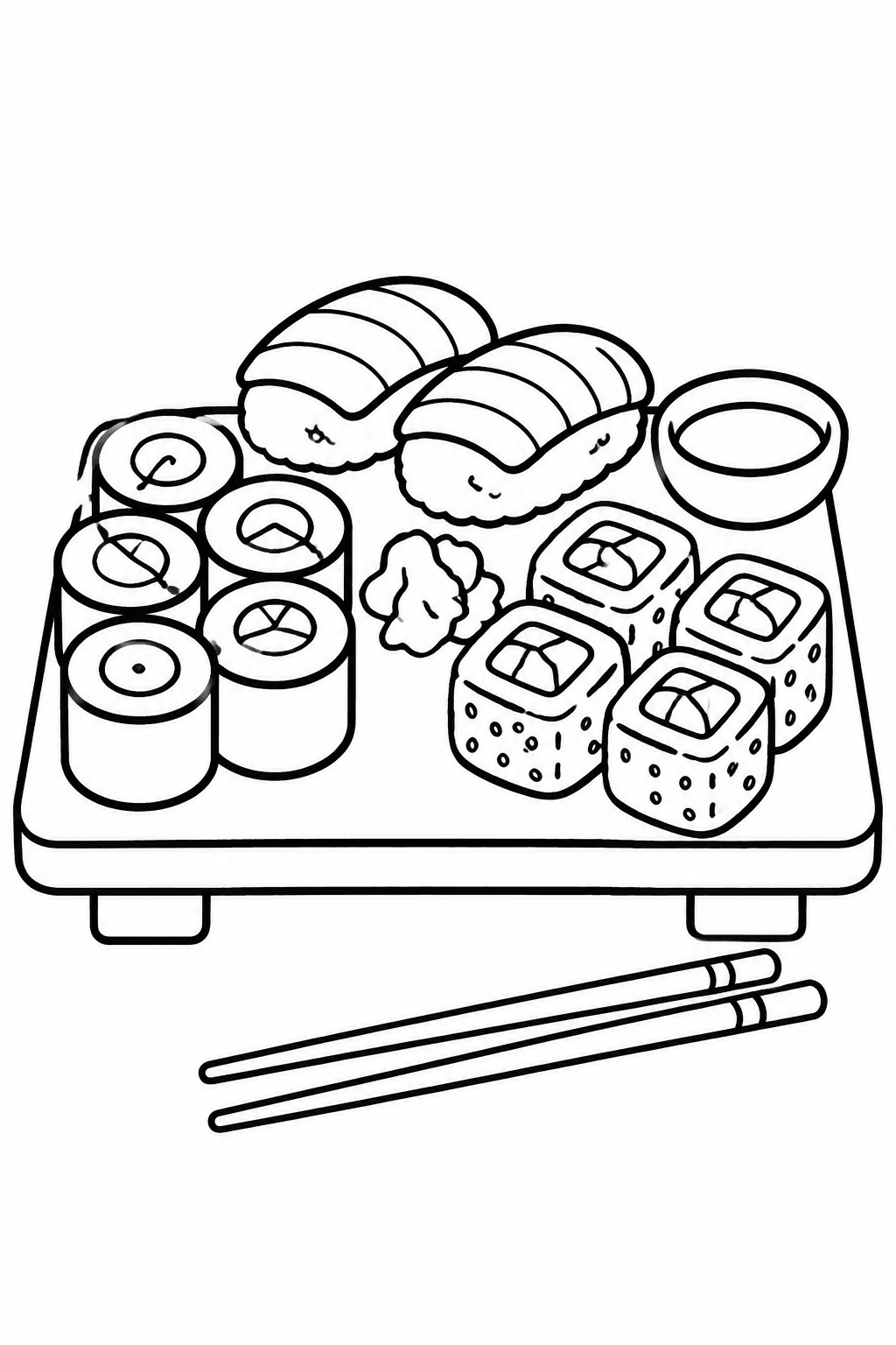 Sushi-Platte mit verschiedenen einfachen Rollen und Stäbchen – Sushi Ausmalbilder Ausmalbild