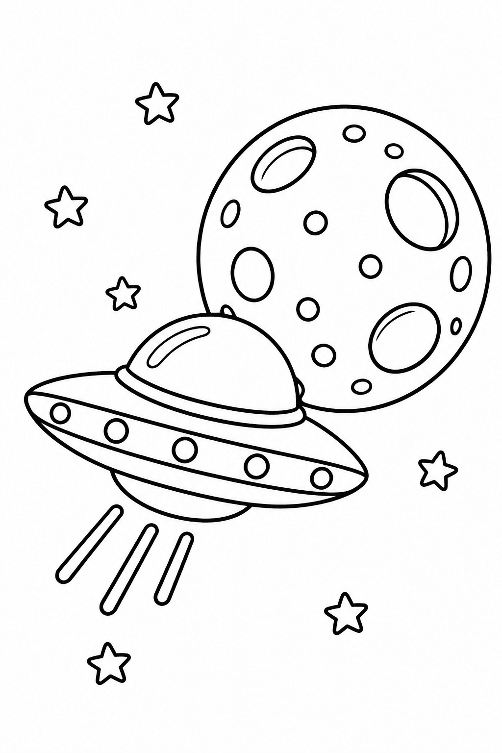 UFO Ausmalbild: Untertassen-Raumschiff fliegt nahe an einem großen Mond vorbei