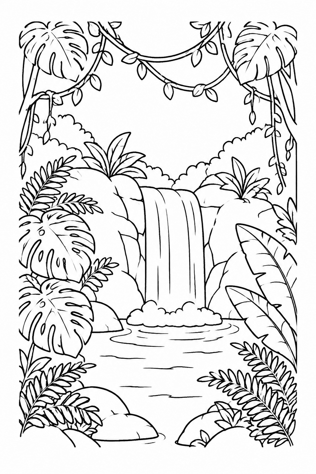 Urwald mit kleinem Wasserfall, Farnen und großen tropischen Blättern