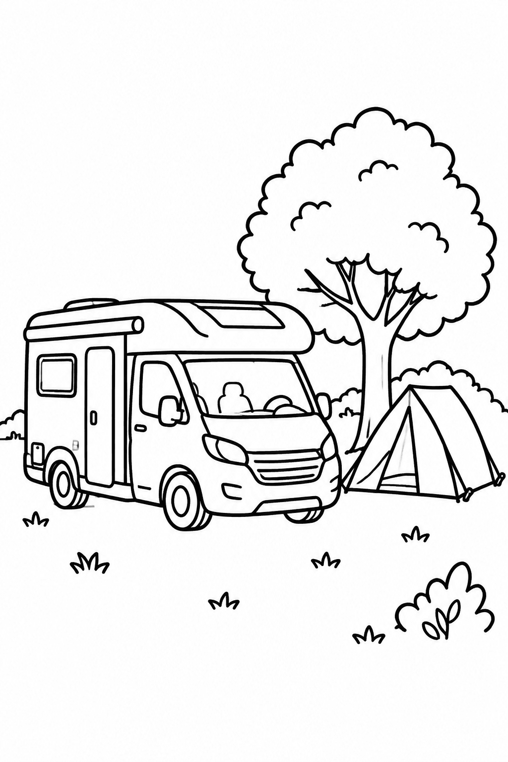 Wohnmobil Ausmalbild: Wohnmobil steht auf einem ruhigen Campingplatz neben einem einfachen Zelt und Baum
