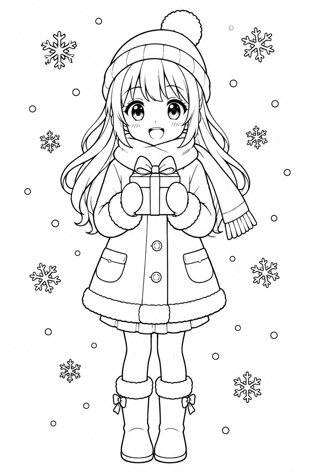 Mädchen im Wintermantel hält ein Geschenk als Ausmalbild