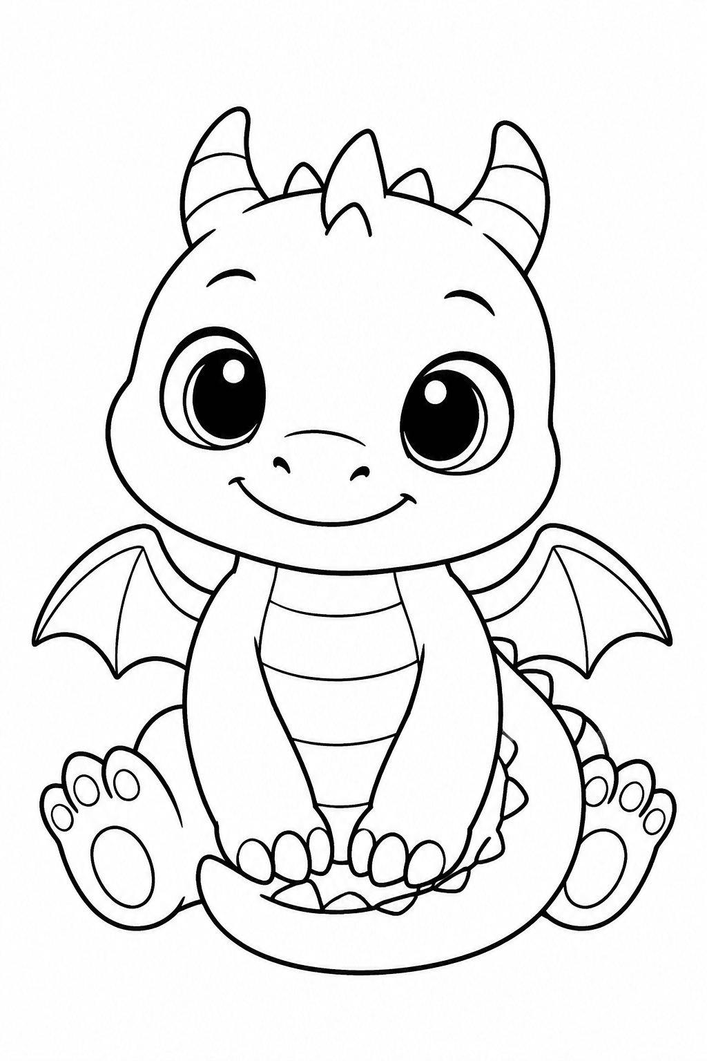 Sitzender Baby-Drache mit großen Augen als Ausmalbild