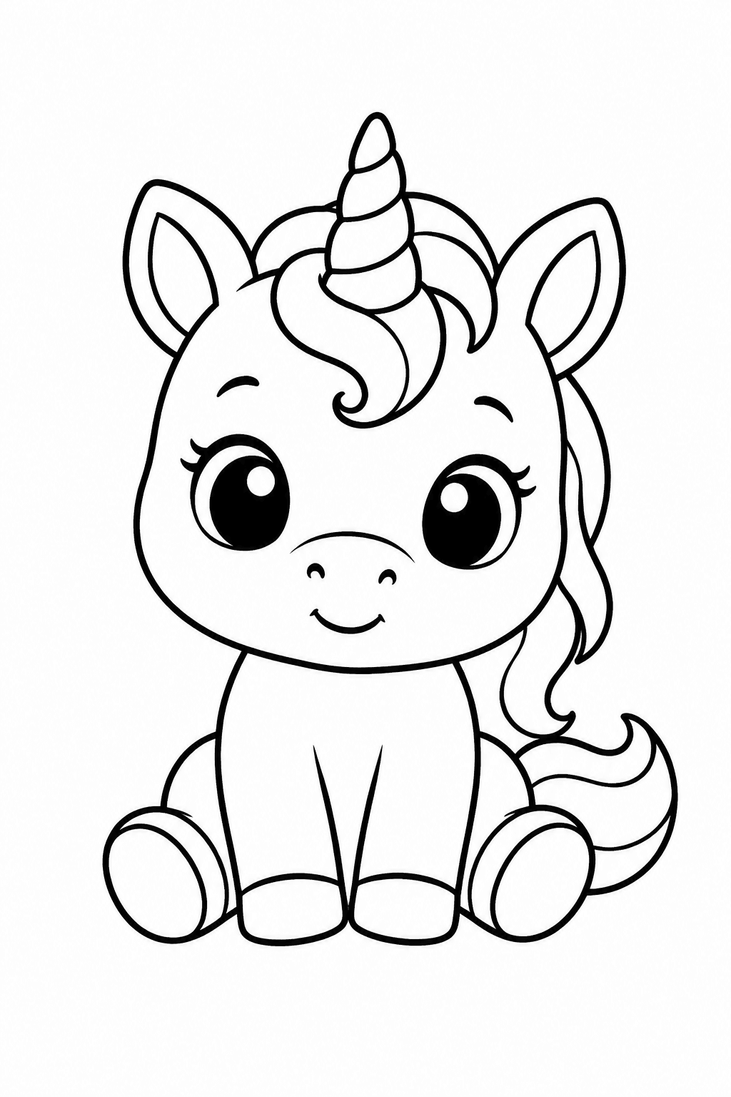 Sitzendes Baby-Einhorn mit großen Augen als Ausmalbild