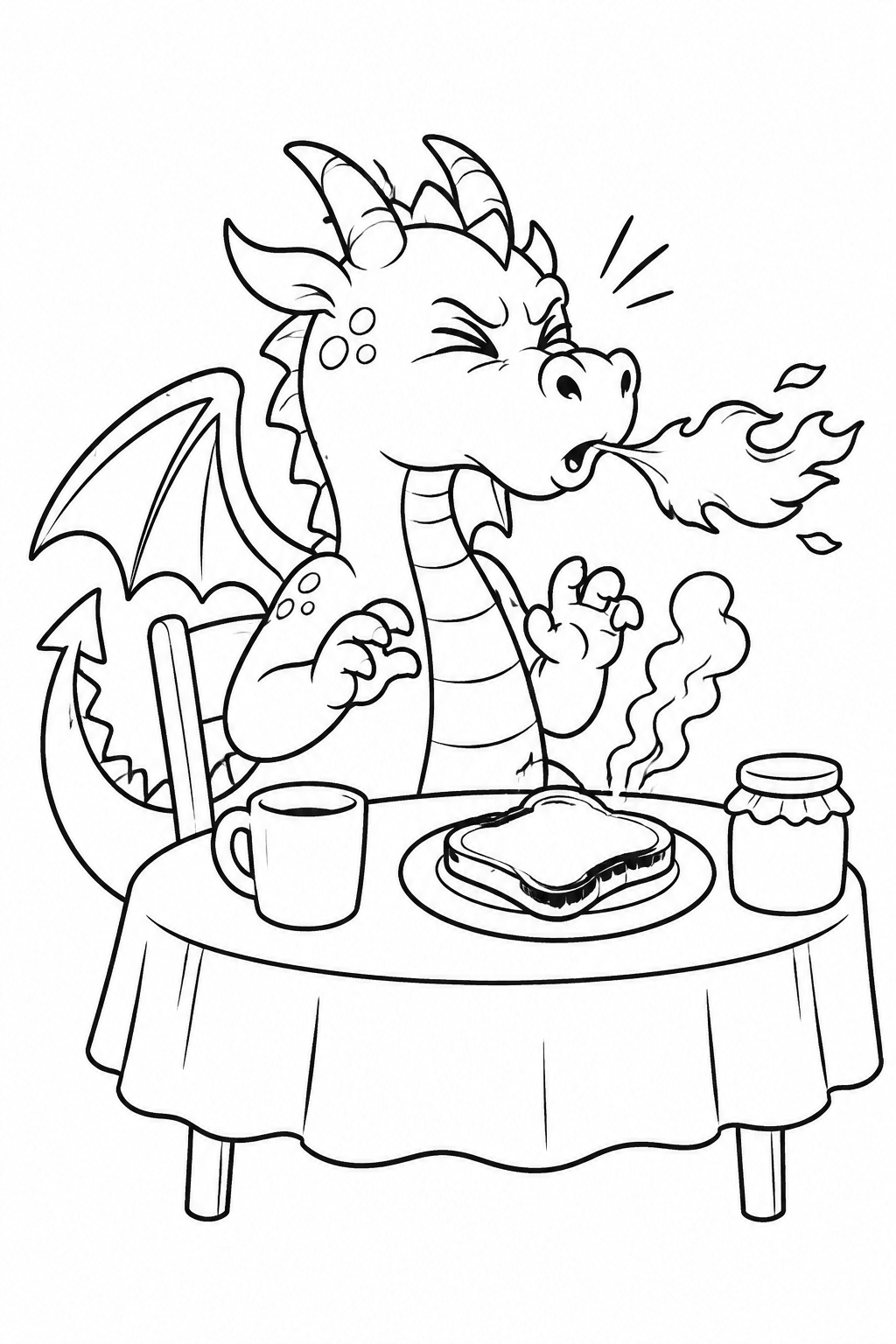 Drache niest und verkohlt den Toast als Ausmalbild
