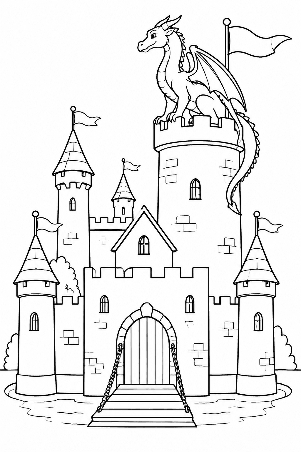 Drache sitzt auf dem Burgturm als Ausmalbild