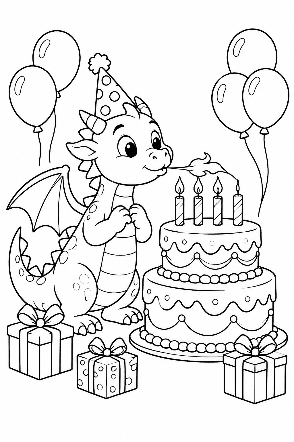Drache zündet die Kerzen auf der Torte an als Ausmalbild