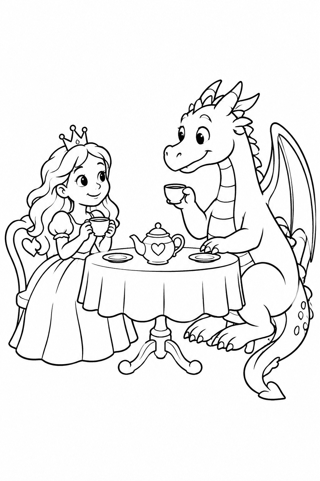 Prinzessin und Drache trinken Tee als Ausmalbild