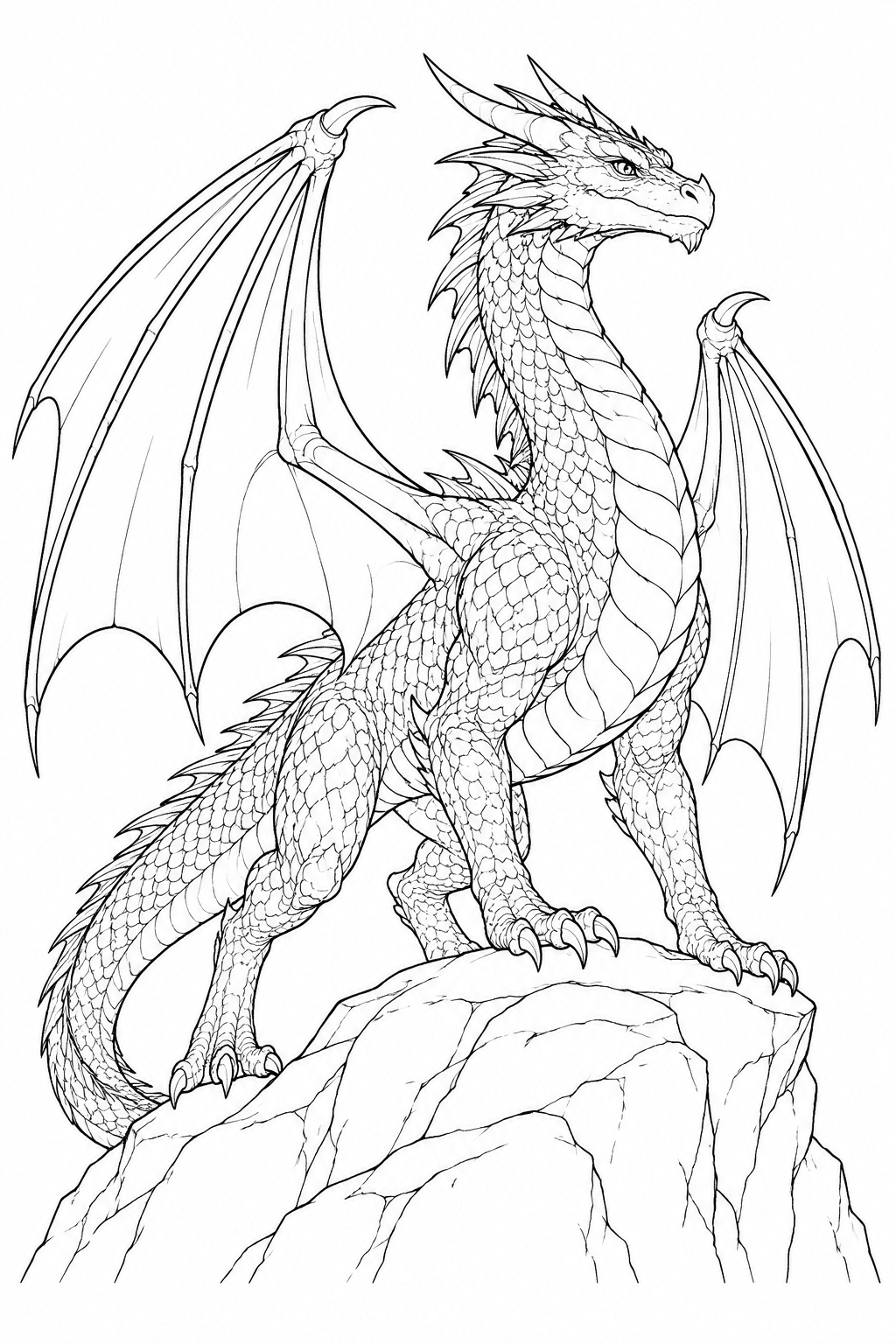 Majestätischer Drache auf einem Felsvorsprung als Ausmalbild