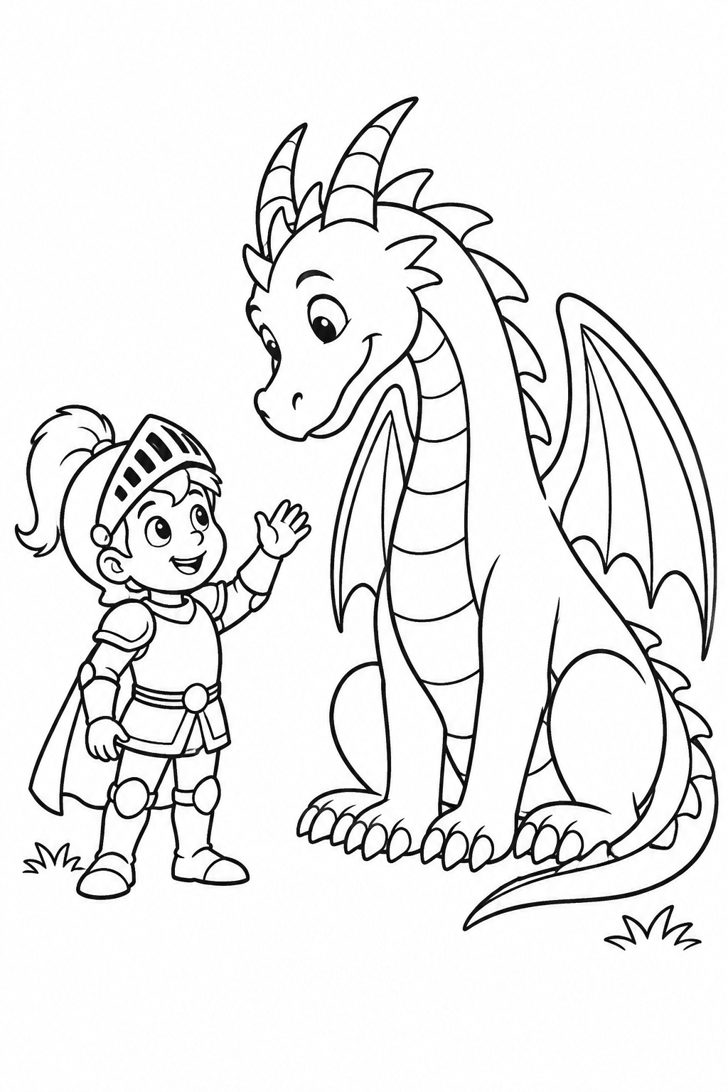 Ritter und Drache begrüßen sich als Ausmalbild
