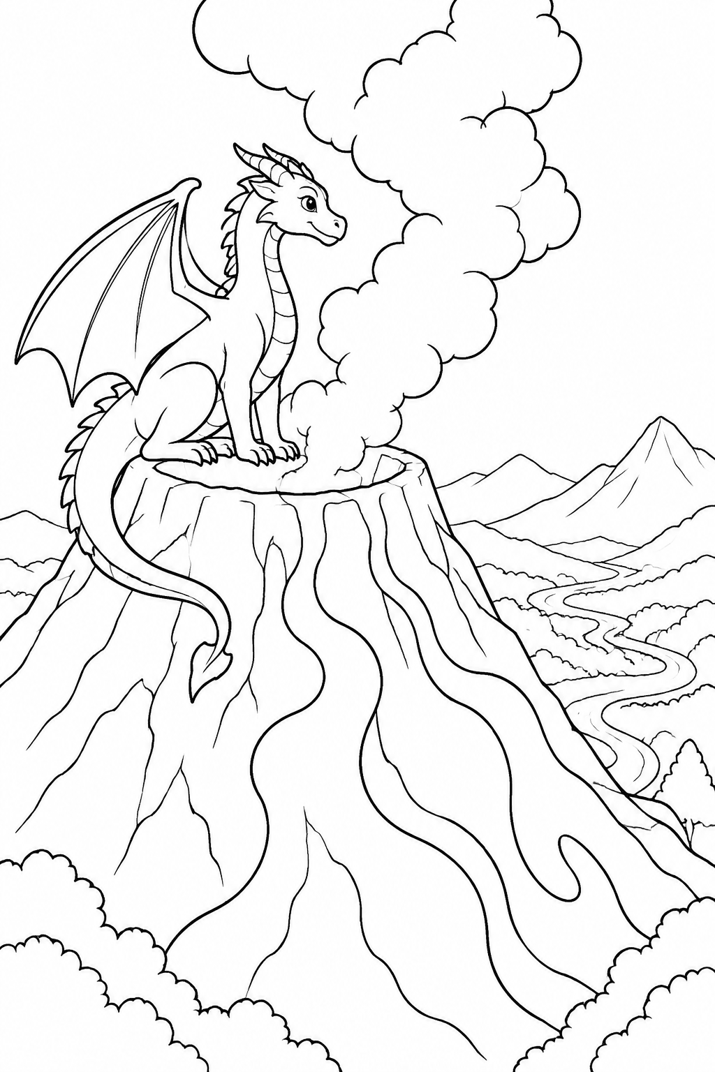 Drache sitzt am Kraterrand als Ausmalbild