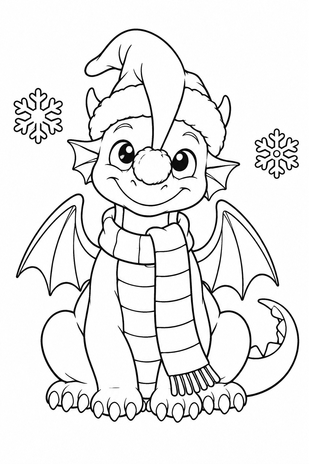 Drache mit Weihnachtsmütze als Ausmalbild