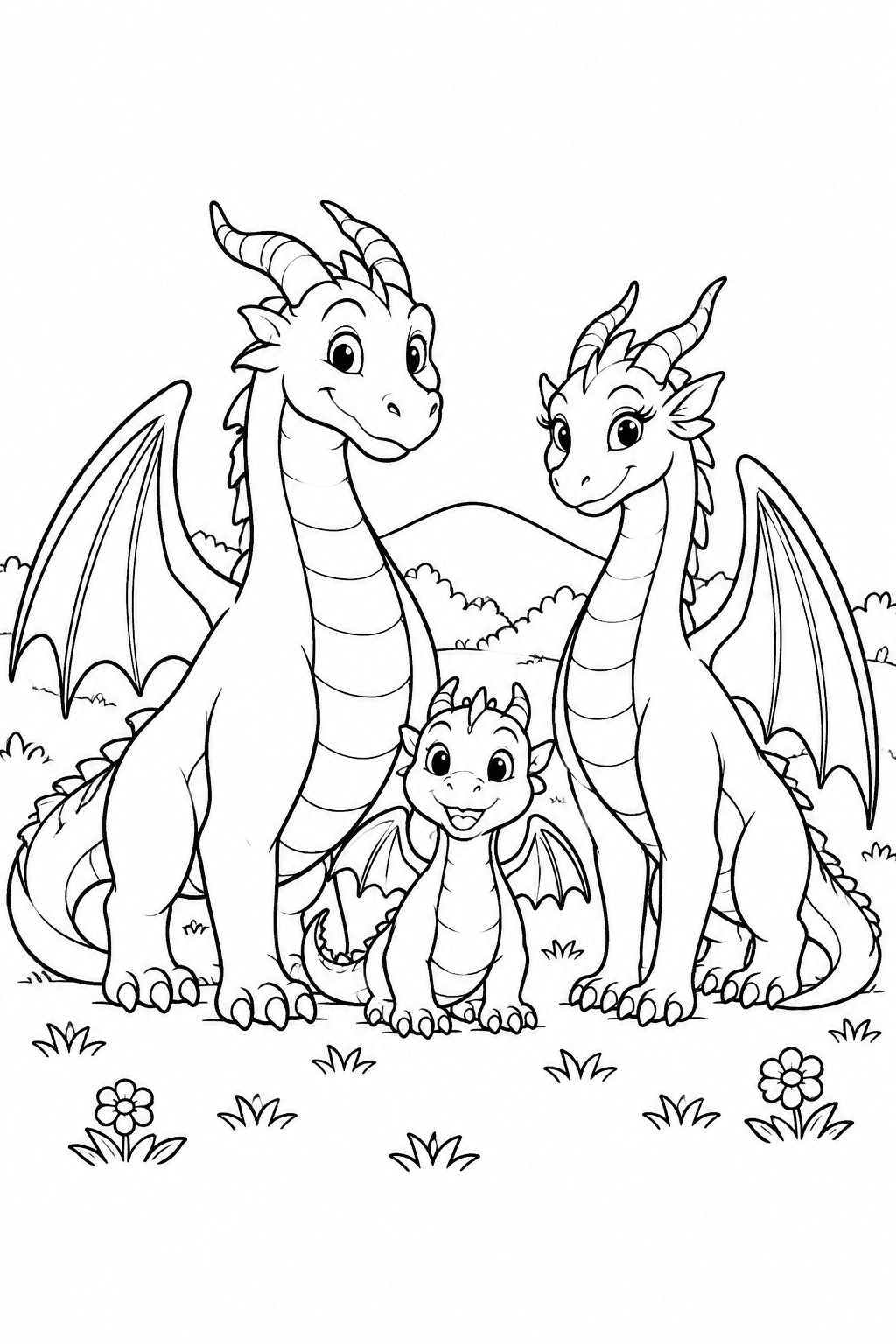Drachenfamilie nebeneinander als Ausmalbild