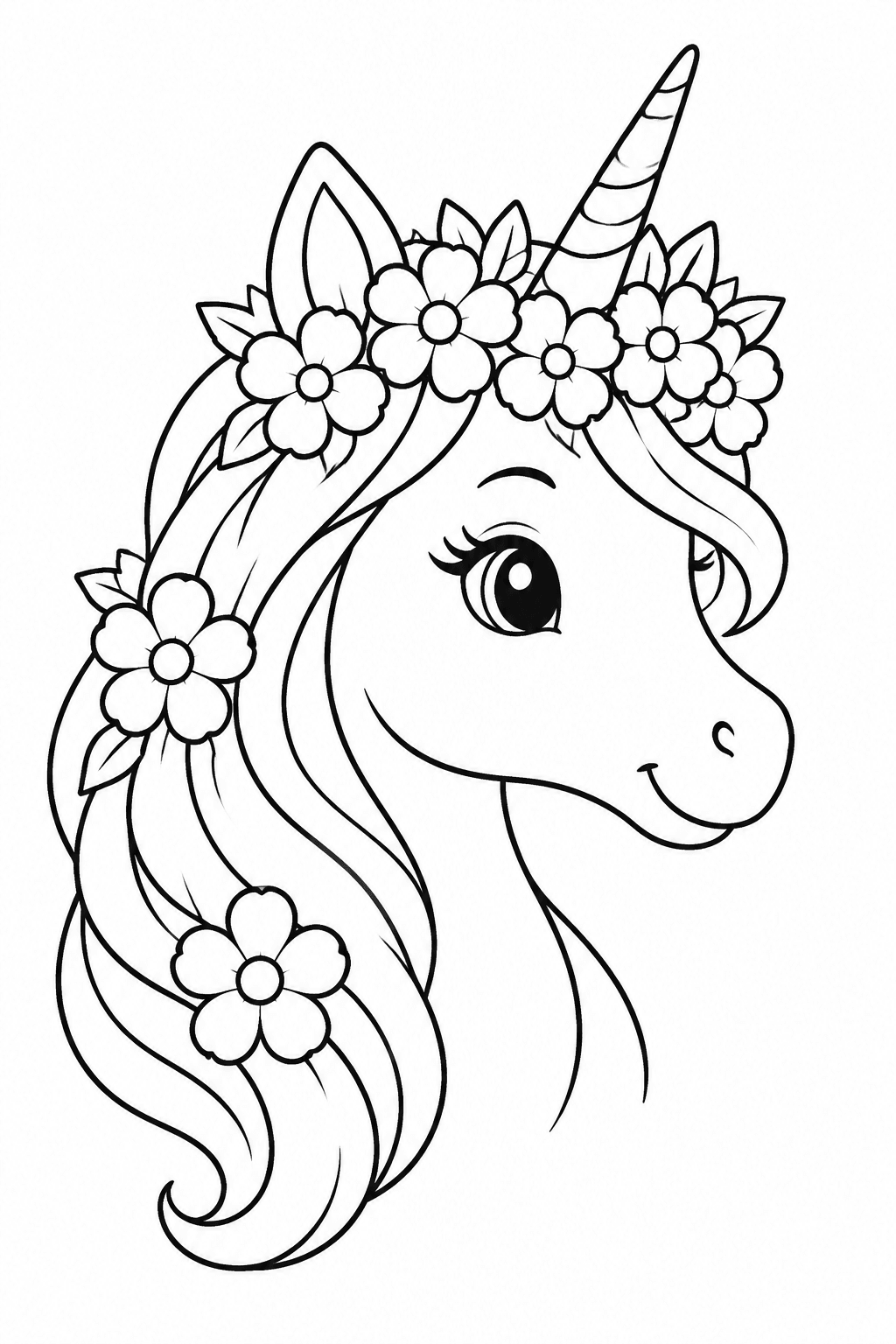 Einhorn mit Blumenkranz als Ausmalbild