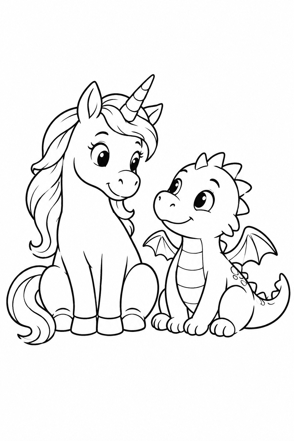 Einhorn und kleiner Drache sitzen nebeneinander als Ausmalbild